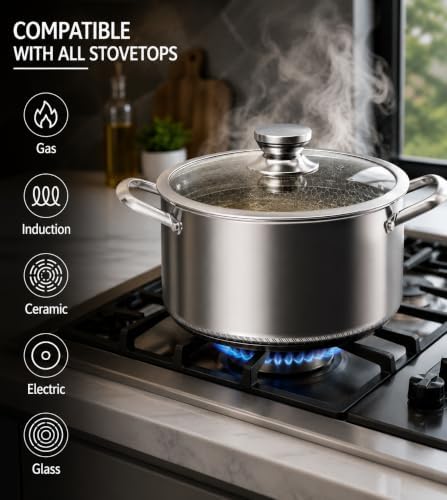 Toutrop Hybrid Nonstick Stock Pot with Lid,Stainless Steel Stockpot,Induction Soup Pot Compatible with All Cooktops,Dishwasher & Oven Safe,Stainless steel,5 Quart
