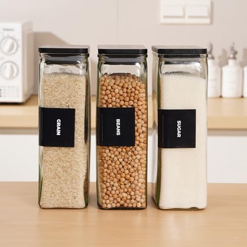 APT 1101 Glass Storage Jars with Bamboo Lid, glass canisters with airtight lids, Clear jars with lids for Spice, Cookie, Candy, Tea, Coffee Bean and Rice (Black, 67 oz, Set of 3)