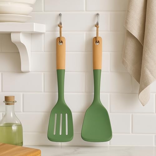 Beille 2pc Beech Wood and Silicone Kitchen Utensils Spatula Set Meal Prep Cooking Baking Supplies Home Essentials, Olive Green
