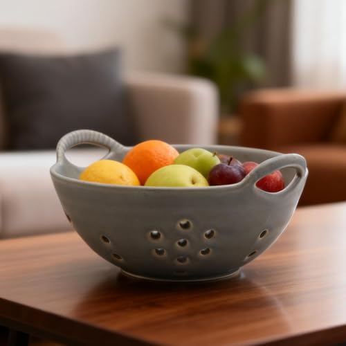 Matte Glaze Ceramic Berry Colander Bowl with Handles – 8.5" Handle-to-Handle × 8" Bowl Dia × 3.3" High – Rustic Stoneware Drain Bowl for Fruit, Berries, and Kitchen Decor (Sage Green)