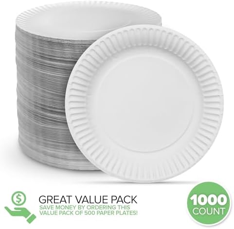6-Inch Paper Plates Uncoated, Everyday Disposable Dessert Plates 6" Paper Plate Bulk, White, 1000 Count, Stock Your Home