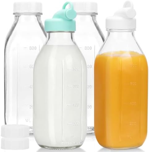 CUCUMI 4 Pack 32 Oz Glass Milk Bottle with Reusable Lid