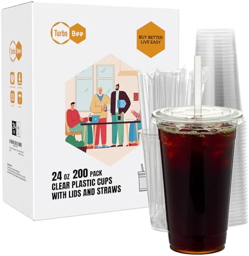 Turbo Bee 200 Sets 24 OZ Clear Plastic Cups with Lids and Straws, Disposable To Go Iced coffee cups with lids for Cold Drinks, Smoothie, and Slushie