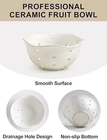Gomakren Ceramic Berry Basket Set of 2, Floral Fruit Bowl 6in, Cream White