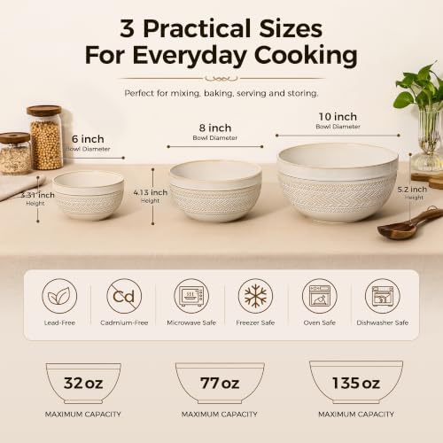 Ceramic Mixing Bowls Set of 3, Large Nesting Serving Bowls