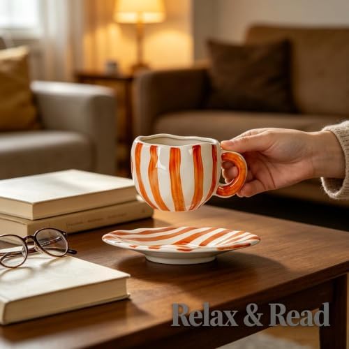 Espresso Cups Ceramic Coffee Mug Series European Striped Dot Coffee Cup And Saucer Mug Cake Plate Afternoon Tea Set Tea Cup And Saucer (Brown)