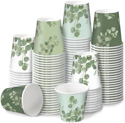 RUSPEPA 3 oz Bathroom Cups, Kids Disposable Paper Cups - 100 Pack Set Eucalyptus Leaf Printed - Mini Mouthwash Rinse Paper Cups for Home Bathroom, Picnic, BBQ, Travel and Party