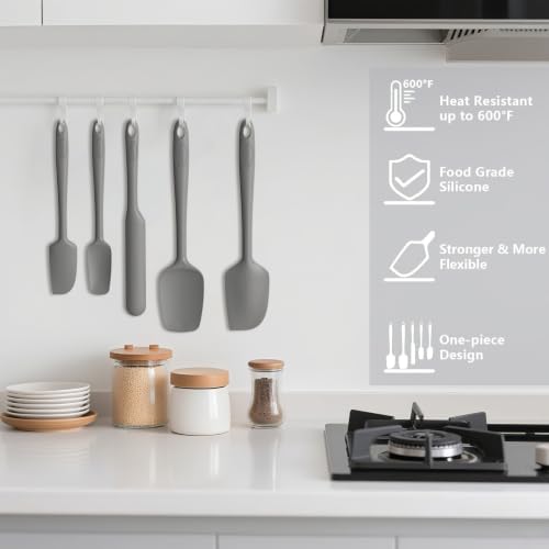 Coukre Silicone Spatula Set of 5,High Temperature Resistant, Food Grade Silicone, Dishwasher Safe, for Baking, Cooking (Pure Gray)