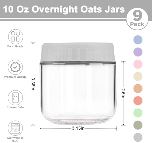Overnight Oats Containers with Lids, 10oz Wide Mouth Mason Jars with Lids, 9 Pack Glass Jars with Airtight lid for Chia Pudding Yogurt Salad, Meal Prer Oatmeal Jars, Gray