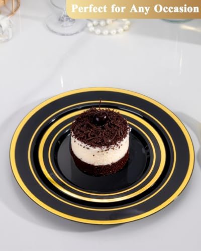 Goodluck 120PCS Black Plastic Plates with Gold Rim