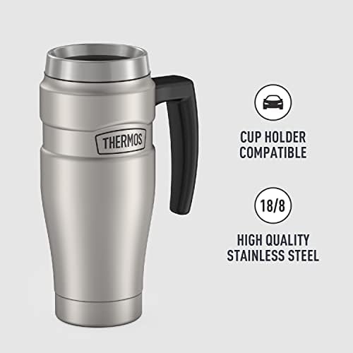 THERMOS Stainless King Vacuum-Insulated Travel Mug with Handle-16oz,Matte Steel-Thermos Tumbler for Hot&Cold Drinks-Leak-Proof&Sweat-Proof Stainless Steel Coffee Mug with Lid for Commuting,(Pack of 4)