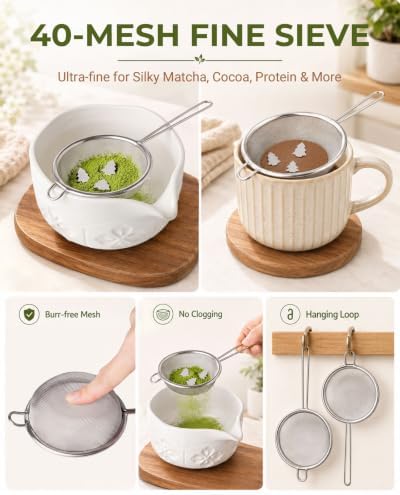 Matcha Whisk Set,Matcha Sifter with 40 Mesh Sieve&3 Weighted Beads