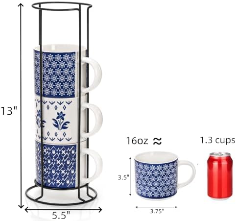 Eorbow 4 Pack Ceramic Coffee Mug Set with Rack, 16 OZ Stackable Cappuccino Cups with Metal Stand, Blue and White Porcelain Tea Mugs for Latte, Americano, Milk, Hot Cocoa, Beverages, Microwave Safe