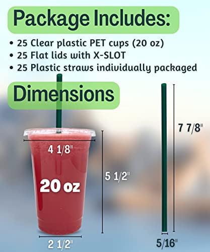 Cappatua 20 oz Clear Plastic Cups with Lids and STRAWS, Disposable Drinking Cups for Cold Drinks, Iced Coffee, Milkshakes, Smoothies, 25 Sets