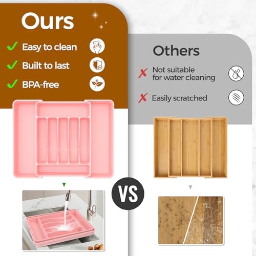 ukeetap Extra Large Expandable Silverware Organizer, Flatware Tray, Pink