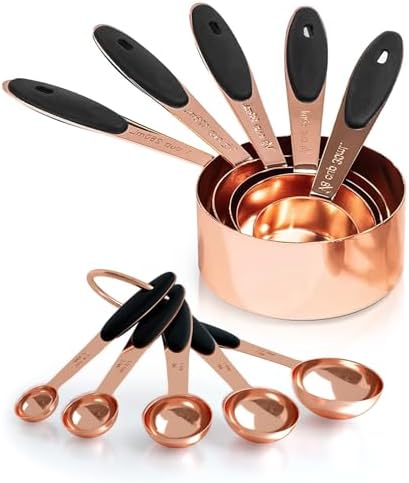 Joyhill Copper Measuring Cups and Spoons Set of 10 Piece, Stainless Steel Nesting Measuring Cup Set with Soft Touch Silicone Handles for Dry and Liquid Ingredients