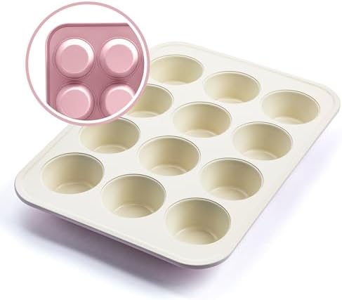 GreenLife 12-Cup Muffin Pan, Healthy Ceramic Nonstick Bakeware, PFOA & PFAS-Free Cupcake Sheet, Durable, Versatile Kitchen Essentials, Easy Clean Muffin Mold, Valentine’s Day gifting, Pink