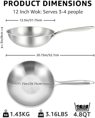 12 Inch Tri-Ply Stainless Steel Wok Pan, Uncoated Wok for Stir Fry