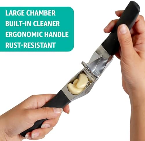 Garlic Press Set – Heavy Duty Garlic Crusher & Mincer | No Peel Required | Easy Squeeze & Clean | Ergonomic Handle | Ginger Press – Silicone Peeler & Cleaning Brush | Large Chamber Kitchen Tool