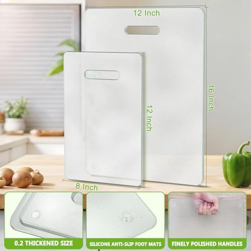 Tempered Glass Cutting Board for Kitchen, 2PCS Clear Chopping Board with Handle (16"x12" & 12"x8"), Plastic Free, Scratch Resistant, Heat Resistant, Dishwasher Safe, Non-toxic, Easy to Clean