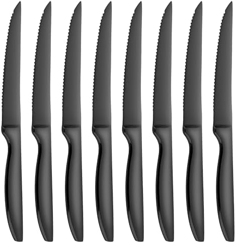 Serrated Steak Knives Set of 8, Black Kitchen Steak Knives Dishwasher Safe