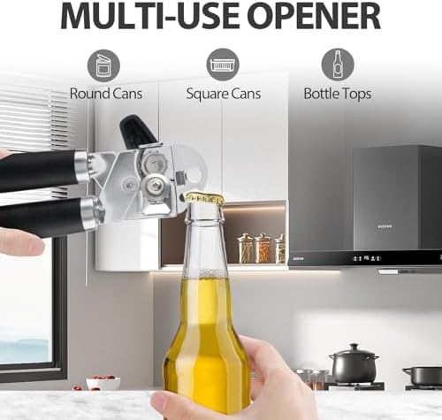 Safring Can Opener Manual, Heavy Duty Handheld Strong Can Opener with Soft Touch Handle, Sharp Blade Smooth Edge, Can Openers with Multifunctional Bottle Opener, Black