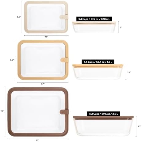 Glad Glass Food Storage Containers, Set of 3 - Airtight Vacuum Sealed Steam Vent Lids - Rectangular Borosilicate Glass Dishes with Ombre Green Lids - Assorted Sizes for Meal Prep & Leftovers, Brown
