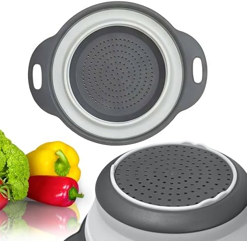 Round Silicone White Colander Collapsible – Foldable White Kitchen Strainer Small Collapsible Colander with Plastic Handles for Draining Vegetable and Fruit Silicone Kitchen Strainer for Pasta