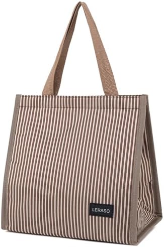 Insulated Lunch Bag for Work, 10.2"x5.9"x10.2" Oxford Waterproof Lunch Tote, Thermal Lunch Box for Office, Picnic & Outdoor, Pink and White Striped Canvas Tote Bag