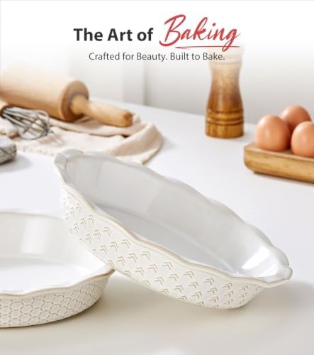 Lareina Deep Dish Pie Pan 9 Inch Ceramic, 53 oz Pie Plate with Recipe Book