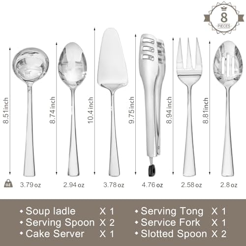 KINGSTONE 8 Piece 18/10 Serving Utensils Set, Stainless Steel Serving Set