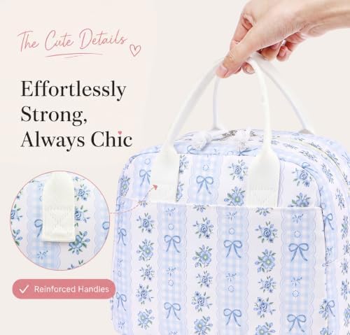 LOVELYWIND Lunch Box for Women, Insulated Lunch Bag, Blue Floral Tote