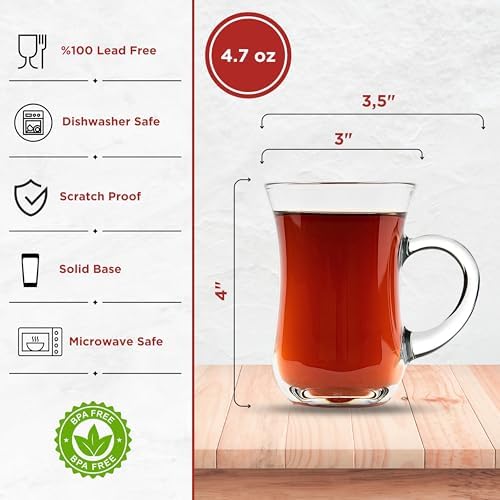 Turkish Tea Glasses with Handle Set of 6, Slim Waist & Thick Base