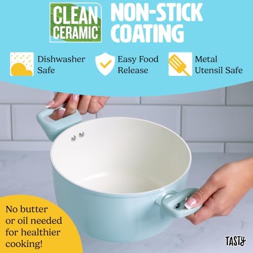 Tasty Ceramic Stock Pot with Glass Lid, Healthy Nonstick Aluminum Cookware, Dutch Oven, Soup Pot, Casserole, Made without PFAS, PFOA, PFOS and PTFE, Dishwasher Safe, 5-Quart, Aqua