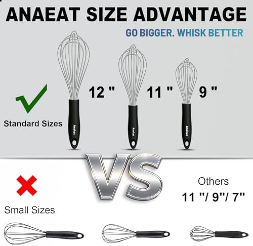 3 Packs Stainless Steel Whisk Set - Balloon Whisk, Anaeat Thick Stainless Steel Wire ＆ Strong Handles, Egg Beater for Cooking, Blending, Whisking, Beating and Stirring (9"+11"+12")