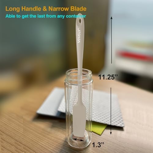 2-Pack Silicone Small Jar Spatulas with Long Handle, Upgraded Heat Resistant Spatula for Non Stick Cookware, Seamless Design, Stainless Steel Core, BPA Free Spoonula, Khaki
