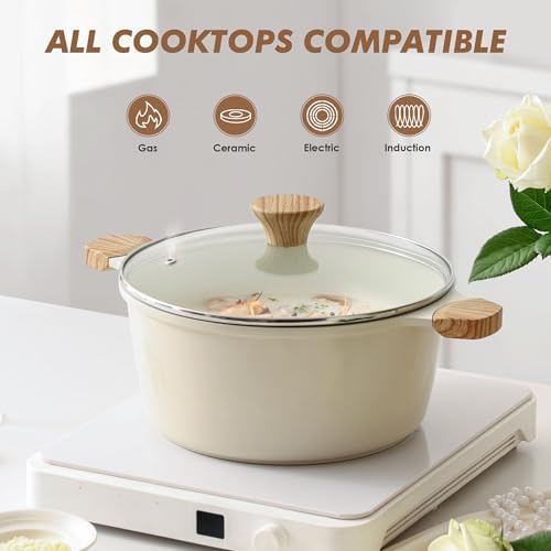 SENSARTE Ceramic Nonstick Stock Pot with Lid, 7 Quart, Creamy White