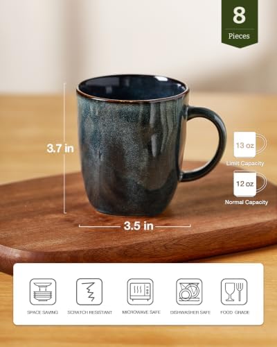 famiware Coffee Mugs Set of 8, Ocean Square 13oz Coffee Cup Set with Handle
