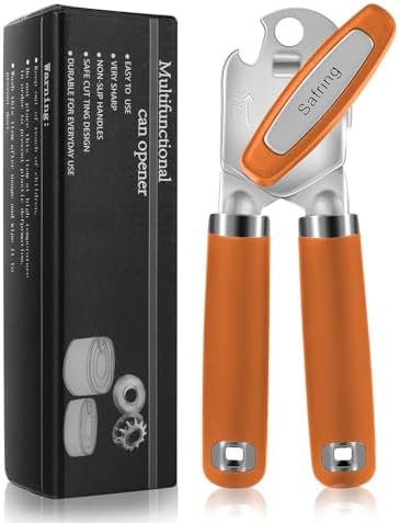 Safring Can Opener Manual, Heavy Duty Handheld Strong Can Opener with Soft Touch Handle, Sharp Blade Smooth Edge, Can Openers with Multifunctional Bottle Opener, Orange
