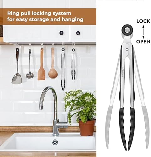 Stainless Steel&Silicone Food Tongs Set of 2 (9+12 Inch)-BPA-Free&Non-Toxic Heat Resistant Non-Scratch BBQ&Cooking Tools,Strong Grip Locking for Grilling,Air Fryer,Salad,Dishwasher Safe