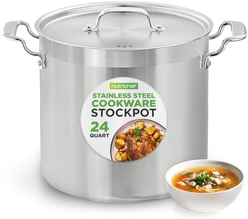 NutriChef Stainless Steel Stock Pot with Lid, 24 Quart Large Stock Pot with Lid for Soup & Stews, Heavy Duty Stainless Steel Cookware, Induction Base, Ergonomic Handles, Polished 18/8