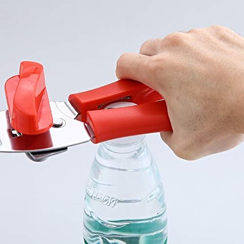 Can Opener Manual 4 in 1, Handheld Can Opener Bottle Opener Safe Cut and Smooth Edge with Ergonomic Grip Large Turn Knob Great for Seniors with Arthritis (Red)