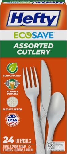 Hefty ECOSAVE Compostable Assorted Cutlery Set, Utensils for BBQs, Tailgates, Camping, Parties, & More, Includes 8 Forks, 8 Spoons, and 8 Knives, Compostable, Sustainable Design, 24 Count (Pack of 8)