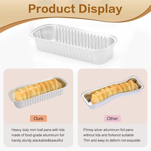 Mini Cake Pans With Lids And Spoons 50 Pack,6.8 oz Rectangle Mini individual Loaf Pans, Disposable Aluminum Foil Small Baking Cups Tins, Baking Containers for Xmas, Party and Picnics (White)