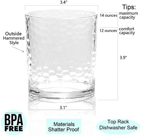 KX-WARE 14-ounce and 20-ounce Acrylic Glasses Plastic Tumbler, set of 8 Clear - Hammered Style, Dishwasher Safe, BPA Free