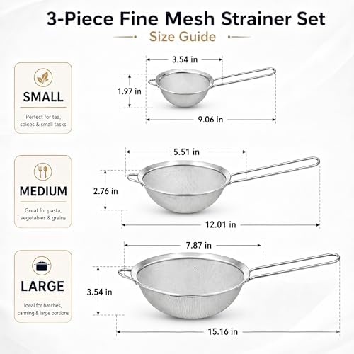 HiramWare Fine Mesh Strainer Set of 3, Premium Stainless Steel Colander with Handle, Large, Medium, Small Sieve for Tea, Pasta, Rice, Fruits, Berries, Flour, Veggies, Metal Sifter for Kitchen
