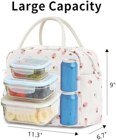 GASSDA Lunch Box for Women Insulated Lunch Bag Women Adult Cute Lunch Bags Reusable Lunchbox Cooler Tote Bag for Work Picnic (Beige-Light Strawberry)