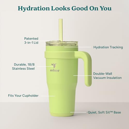 REDUCE 24 oz Stainless Steel Tumbler with Handle - Dual-Wall Vacuum Insulated Travel Mug, Sweat-Proof Lid & Reusable Straw - Keeps Drinks Cold for 24 Hrs, Fits Cupholders, Dishwasher Safe - Mojito