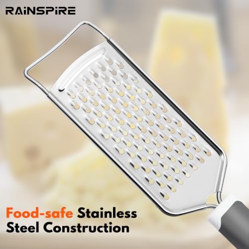 Rainspire Professional Cheese Graters for Kitchen Stainless Steel Handheld, Metal Lemon Zester Grater With Handle For Cheese, Chocolate, Spices, Kitchen Gadgets And Tools, Soft Grip Handle, Grey