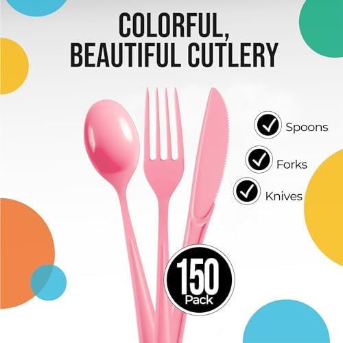 Party Solids Pink Plastic Silverware 150 Pcs Pink Cutlery Set